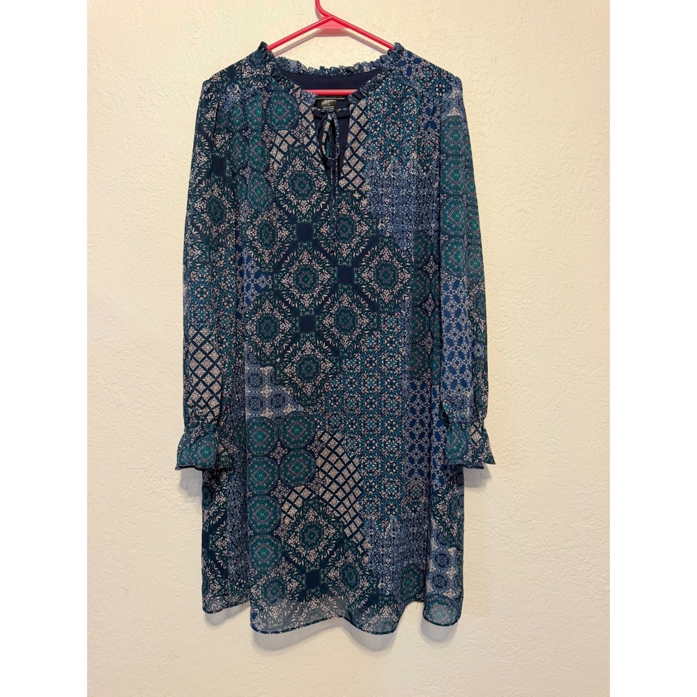 Jessica Howard Navy Teal Patchwork Ruffle Neck Chiffon Shift Dress Size 18